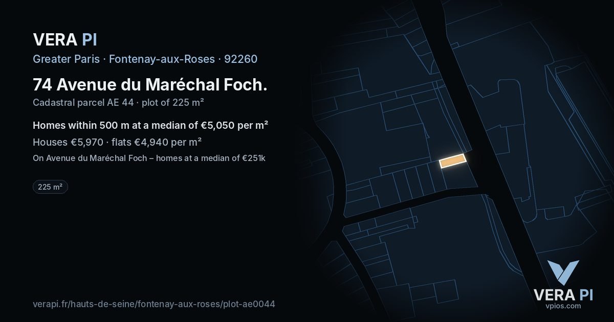 74 Avenue du Maréchal Foch, Fontenay-aux-Roses at night – the plot lit, the parcels around coloured by the prices near them