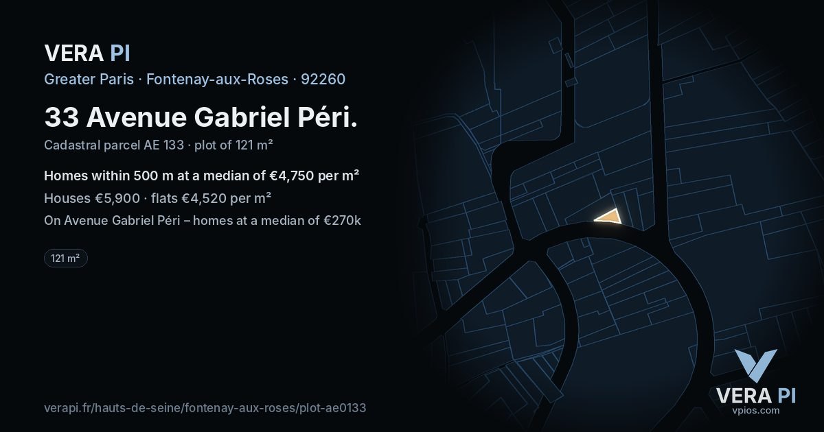 33 Avenue Gabriel Péri, Fontenay-aux-Roses at night – the plot lit, the parcels around coloured by the prices near them