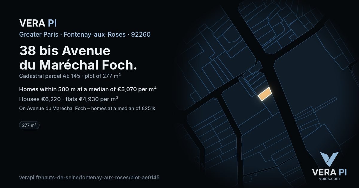38 bis Avenue du Maréchal Foch, Fontenay-aux-Roses at night – the plot lit, the parcels around coloured by the prices near them