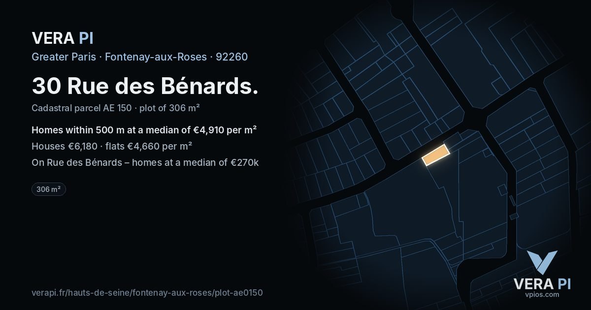 30 Rue des Bénards, Fontenay-aux-Roses at night – the plot lit, the parcels around coloured by the prices near them