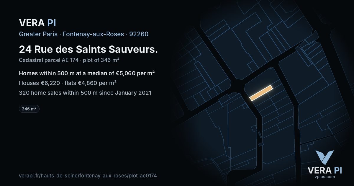 24 Rue des Saints Sauveurs, Fontenay-aux-Roses at night – the plot lit, the parcels around coloured by the prices near them