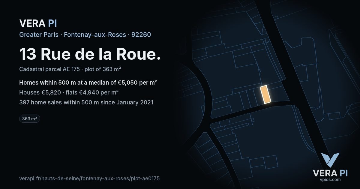 13 Rue de la Roue, Fontenay-aux-Roses at night – the plot lit, the parcels around coloured by the prices near them