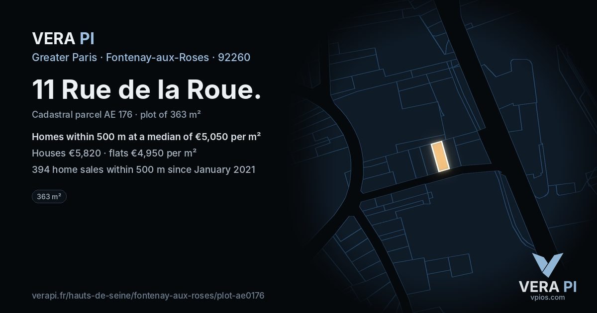 11 Rue de la Roue, Fontenay-aux-Roses at night – the plot lit, the parcels around coloured by the prices near them
