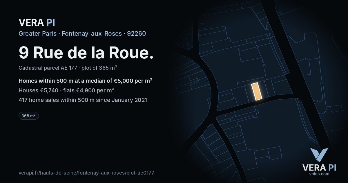 9 Rue de la Roue, Fontenay-aux-Roses at night – the plot lit, the parcels around coloured by the prices near them