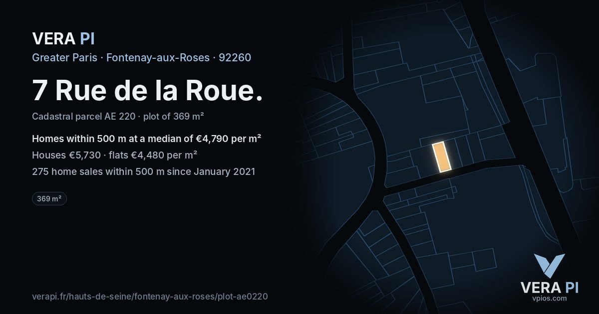 7 Rue de la Roue, Fontenay-aux-Roses at night – the plot lit, the parcels around coloured by the prices near them