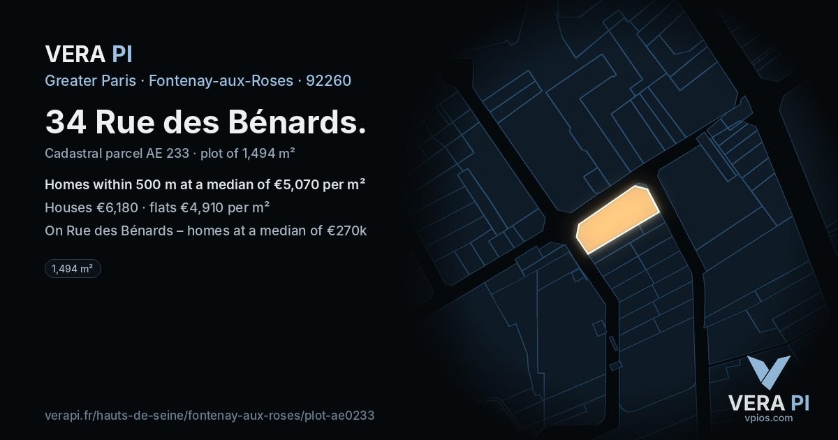 34 Rue des Bénards, Fontenay-aux-Roses at night – the plot lit, the parcels around coloured by the prices near them