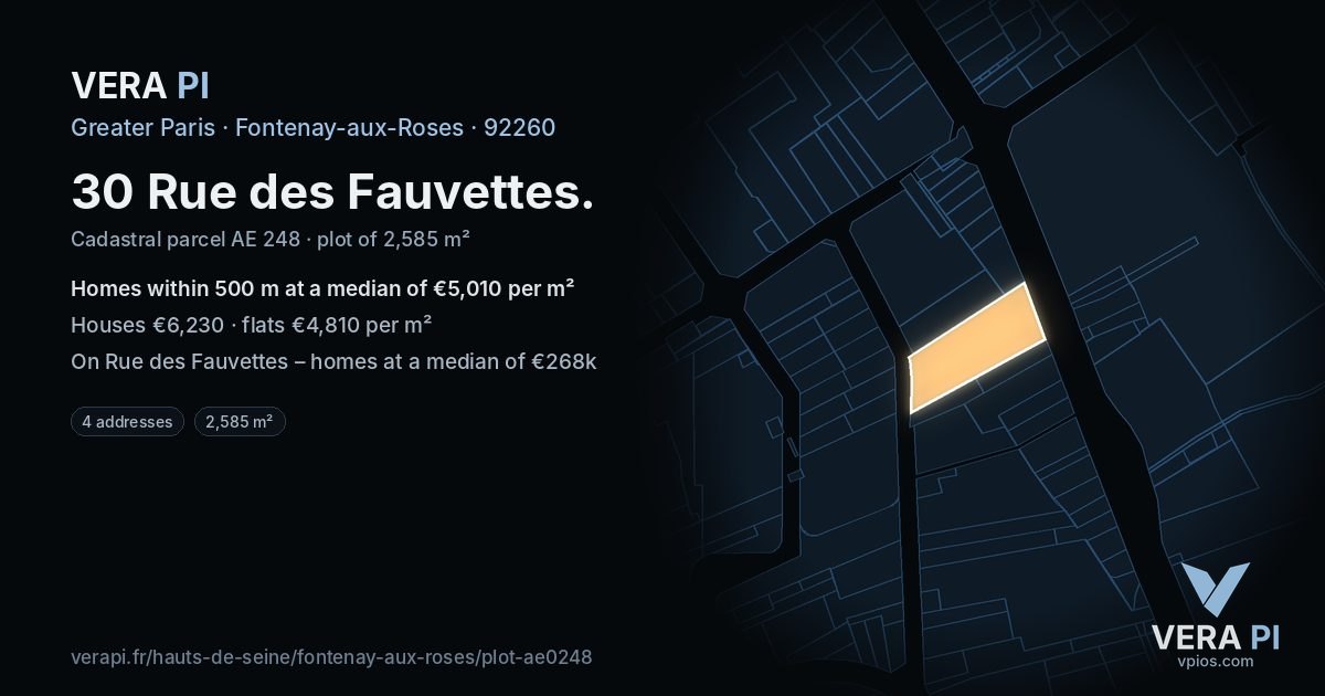 30 Rue des Fauvettes, Fontenay-aux-Roses at night – the plot lit, the parcels around coloured by the prices near them