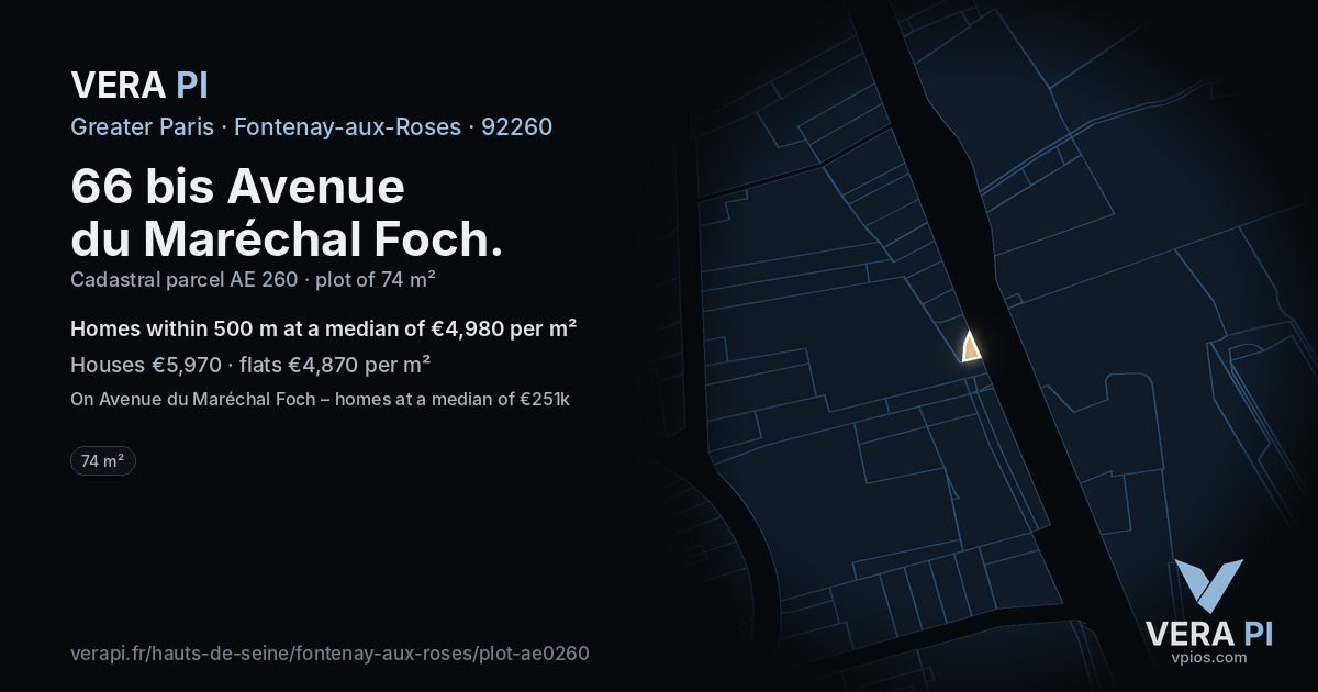 66 bis Avenue du Maréchal Foch, Fontenay-aux-Roses at night – the plot lit, the parcels around coloured by the prices near them