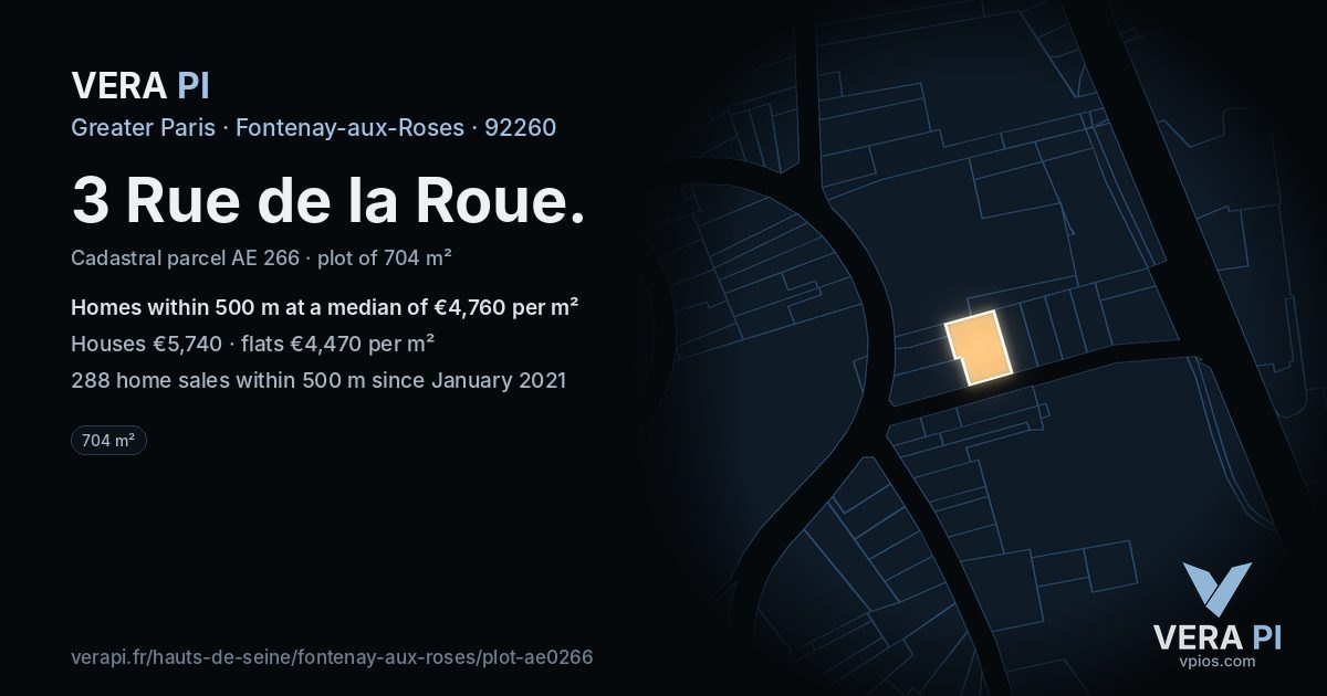 3 Rue de la Roue, Fontenay-aux-Roses at night – the plot lit, the parcels around coloured by the prices near them