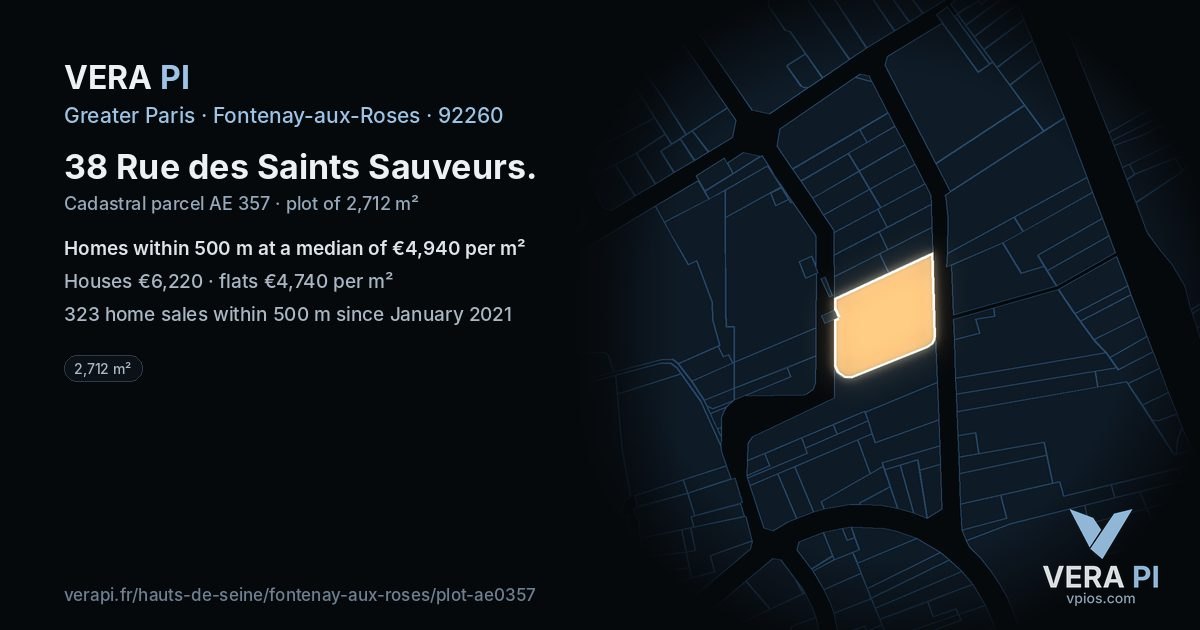 38 Rue des Saints Sauveurs, Fontenay-aux-Roses at night – the plot lit, the parcels around coloured by the prices near them