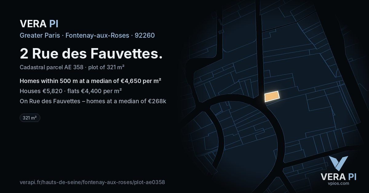 2 Rue des Fauvettes, Fontenay-aux-Roses at night – the plot lit, the parcels around coloured by the prices near them