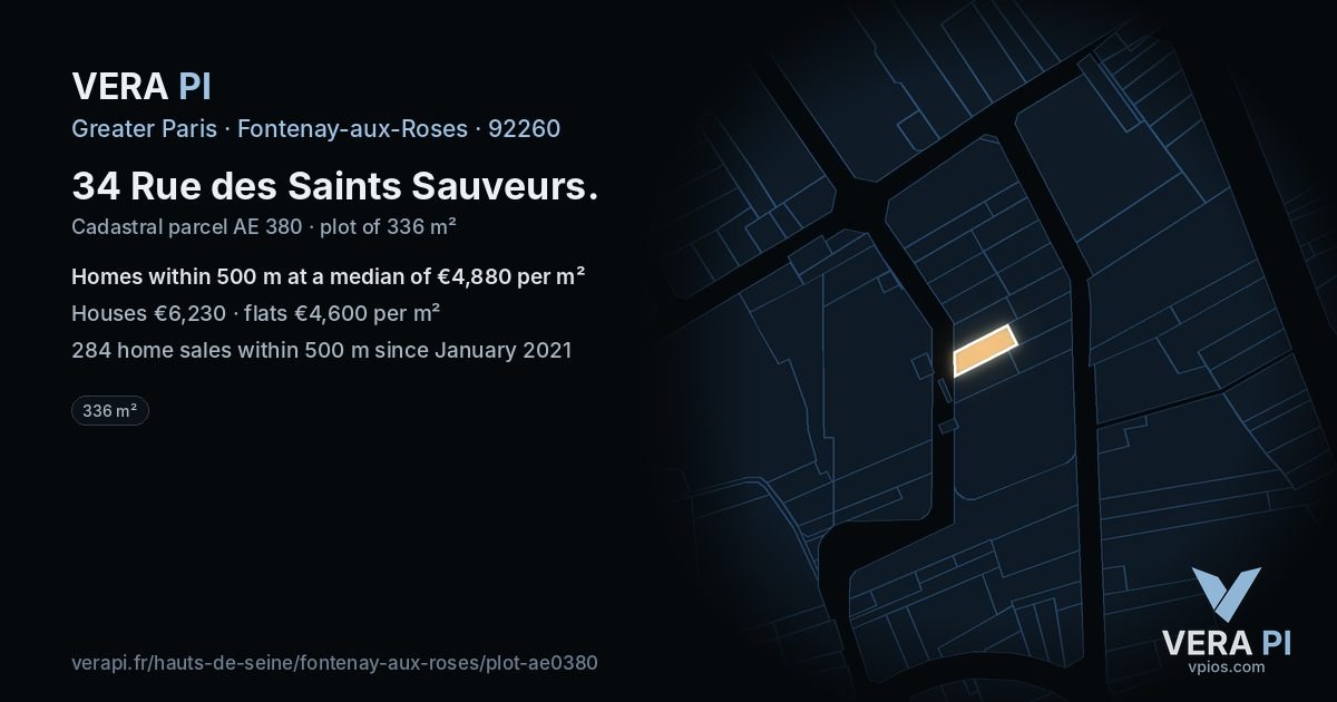 34 Rue des Saints Sauveurs, Fontenay-aux-Roses at night – the plot lit, the parcels around coloured by the prices near them