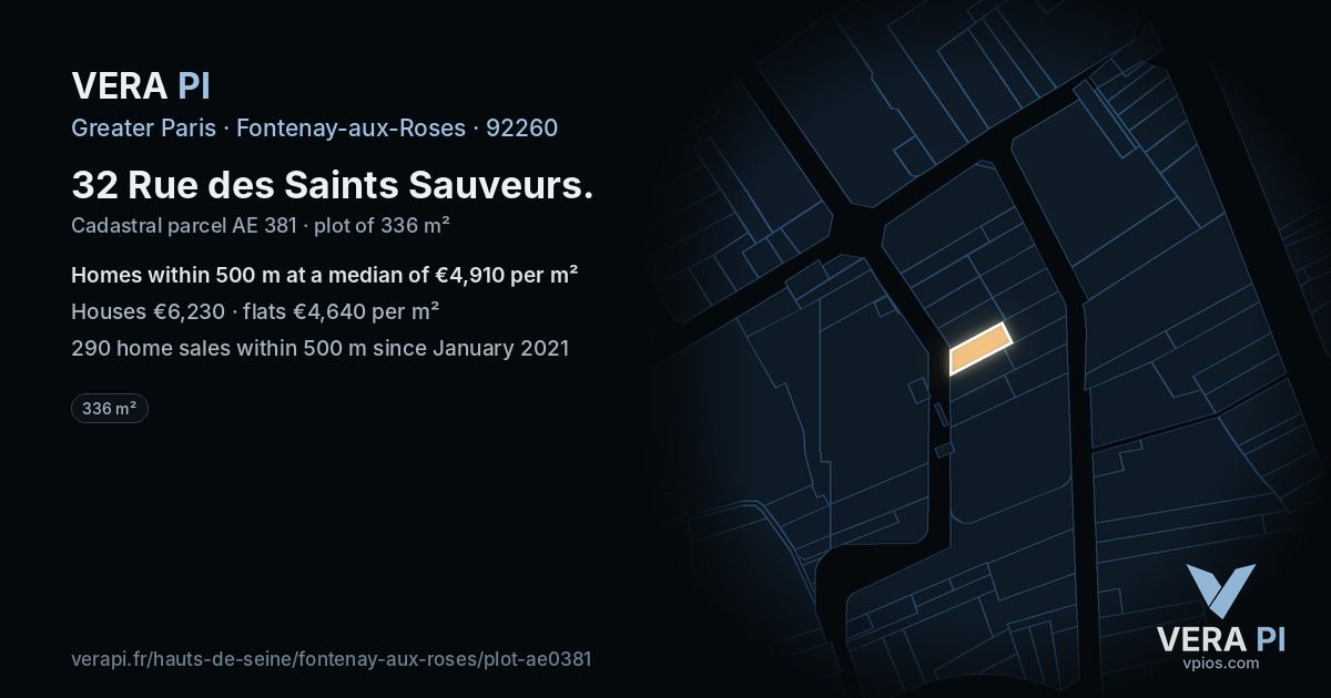32 Rue des Saints Sauveurs, Fontenay-aux-Roses at night – the plot lit, the parcels around coloured by the prices near them