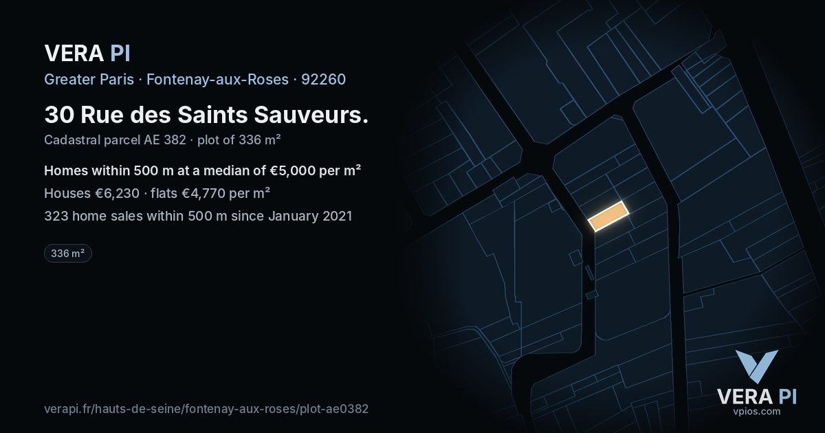 30 Rue des Saints Sauveurs, Fontenay-aux-Roses at night – the plot lit, the parcels around coloured by the prices near them