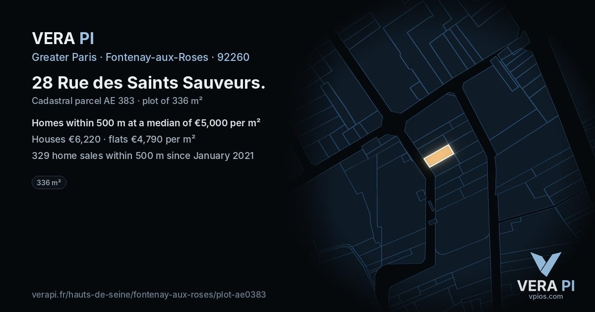 28 Rue des Saints Sauveurs, Fontenay-aux-Roses at night – the plot lit, the parcels around coloured by the prices near them
