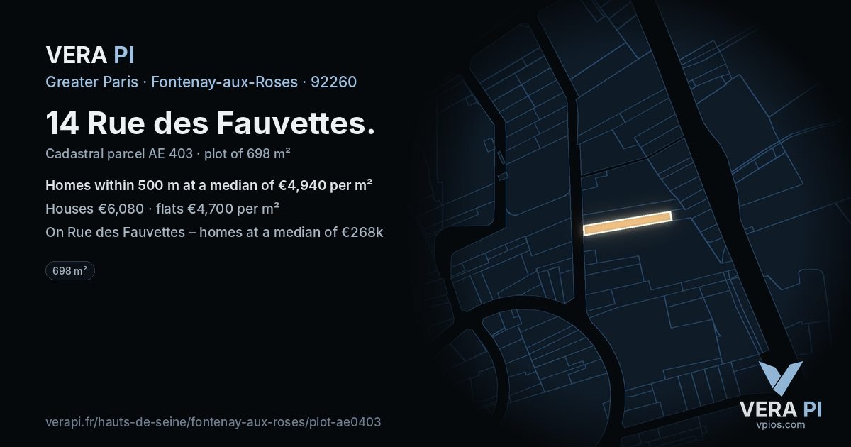 14 Rue des Fauvettes, Fontenay-aux-Roses at night – the plot lit, the parcels around coloured by the prices near them