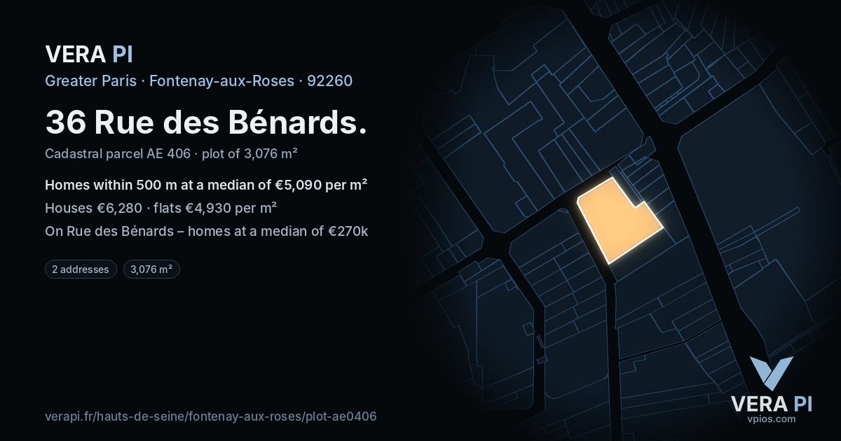 36 Rue des Bénards, Fontenay-aux-Roses at night – the plot lit, the parcels around coloured by the prices near them