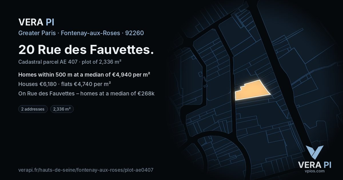 20 Rue des Fauvettes, Fontenay-aux-Roses at night – the plot lit, the parcels around coloured by the prices near them