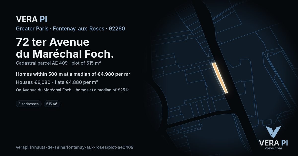 72 ter Avenue du Maréchal Foch, Fontenay-aux-Roses at night – the plot lit, the parcels around coloured by the prices near them