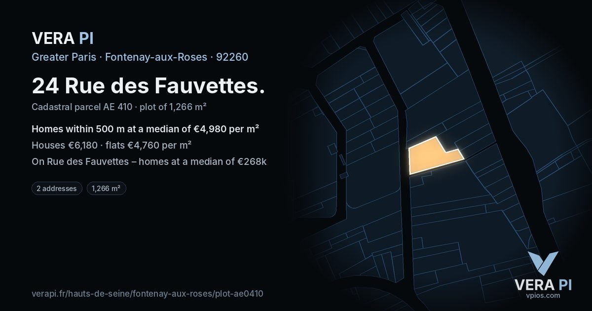 24 Rue des Fauvettes, Fontenay-aux-Roses at night – the plot lit, the parcels around coloured by the prices near them