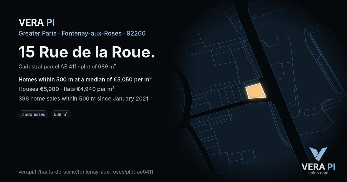 15 Rue de la Roue, Fontenay-aux-Roses at night – the plot lit, the parcels around coloured by the prices near them