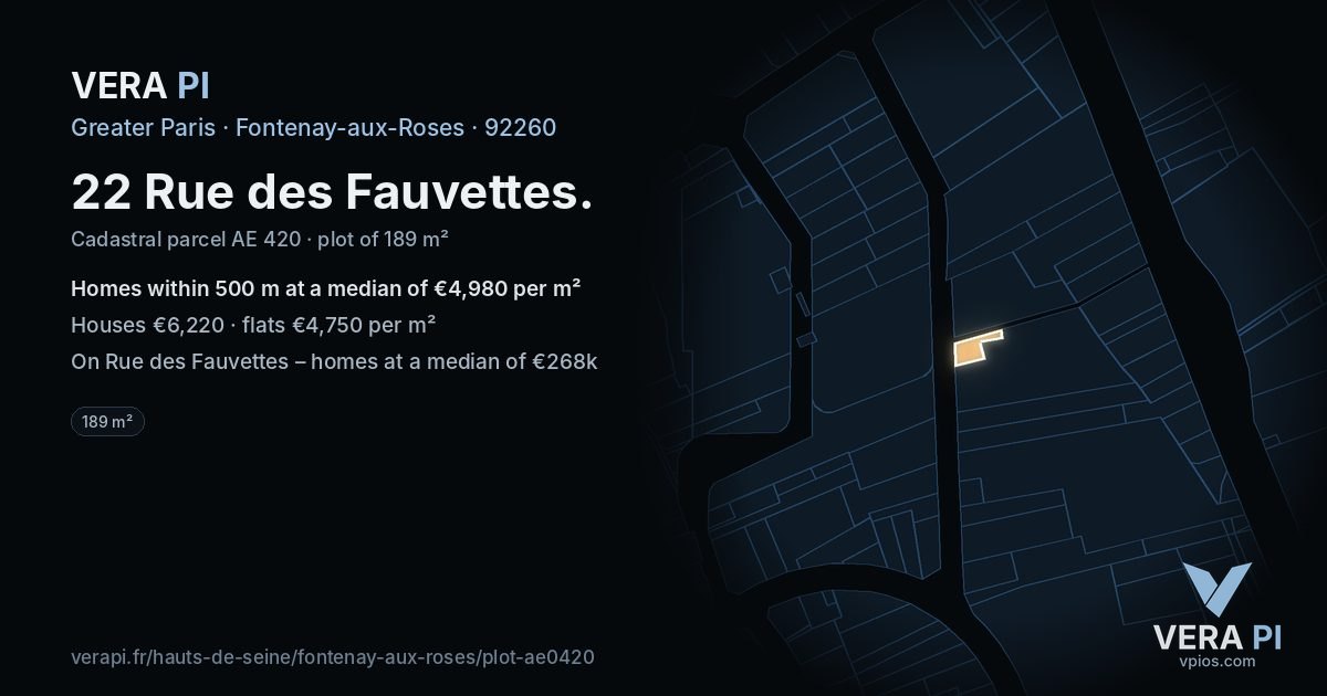 22 Rue des Fauvettes, Fontenay-aux-Roses at night – the plot lit, the parcels around coloured by the prices near them