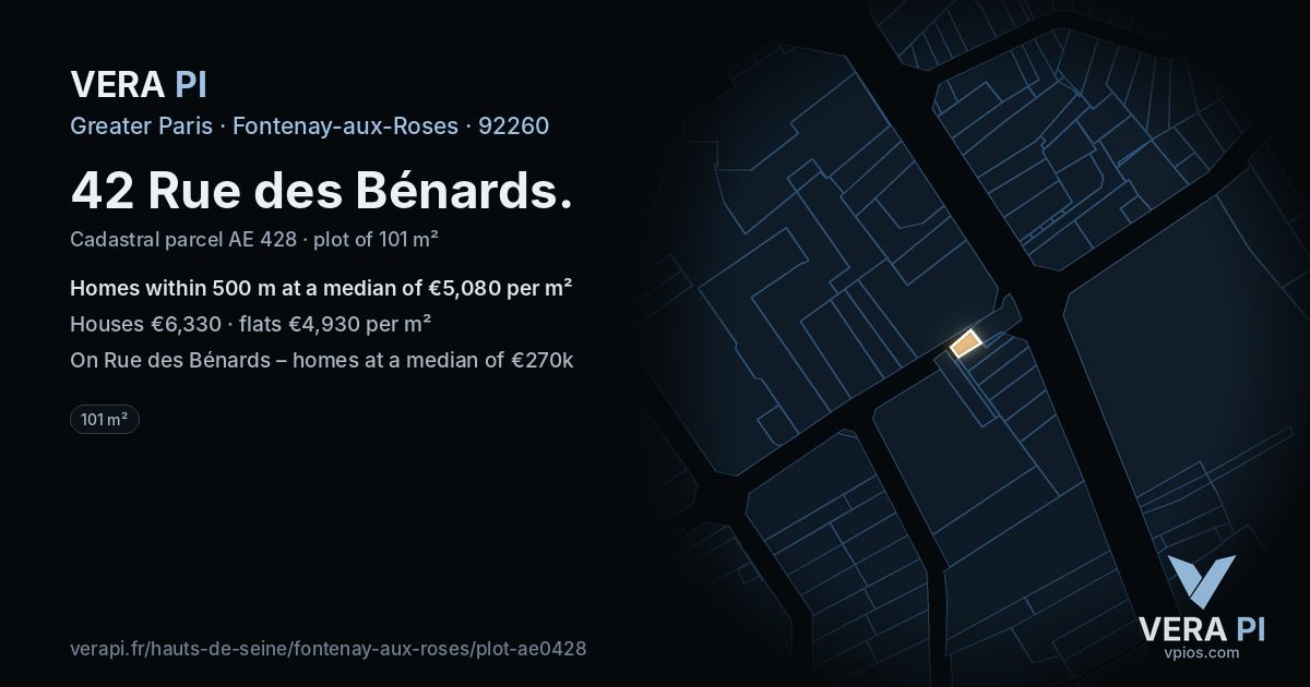 42 Rue des Bénards, Fontenay-aux-Roses at night – the plot lit, the parcels around coloured by the prices near them