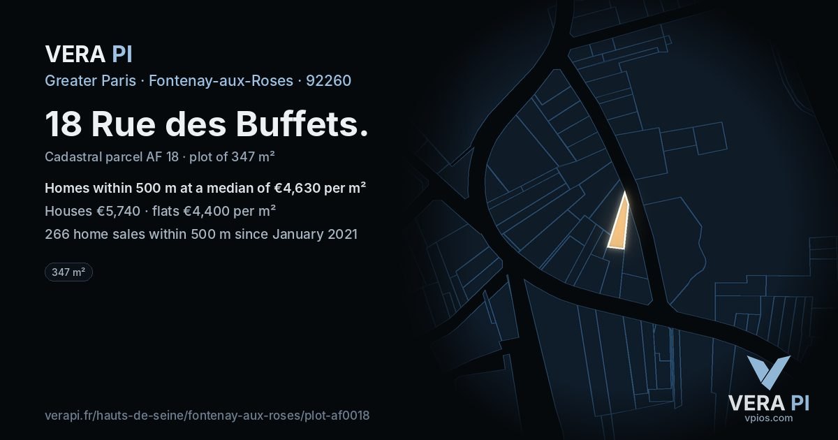 18 Rue des Buffets, Fontenay-aux-Roses at night – the plot lit, the parcels around coloured by the prices near them