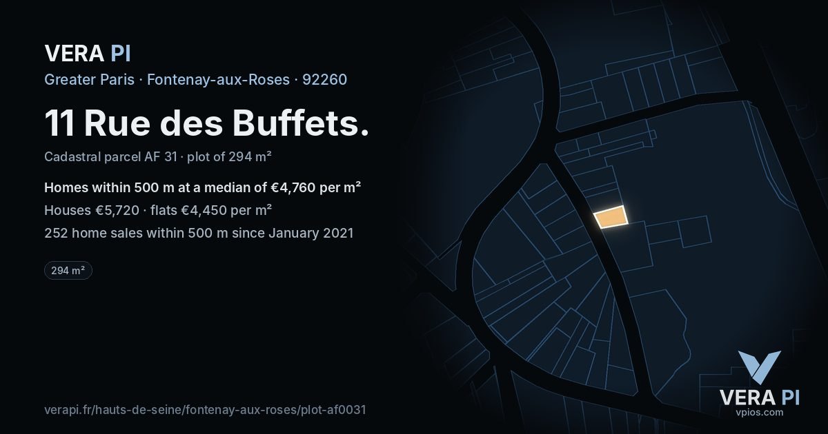 11 Rue des Buffets, Fontenay-aux-Roses at night – the plot lit, the parcels around coloured by the prices near them
