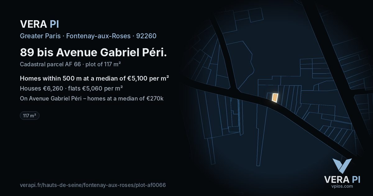 89 bis Avenue Gabriel Péri, Fontenay-aux-Roses at night – the plot lit, the parcels around coloured by the prices near them