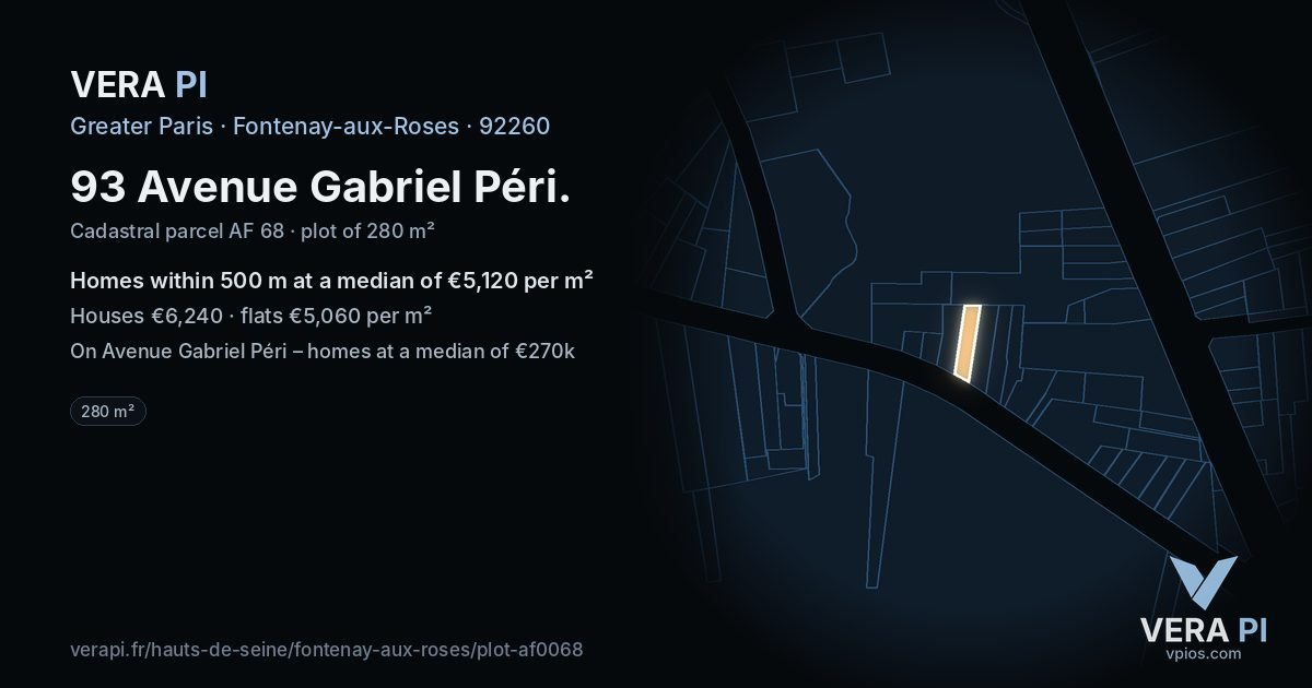 93 Avenue Gabriel Péri, Fontenay-aux-Roses at night – the plot lit, the parcels around coloured by the prices near them