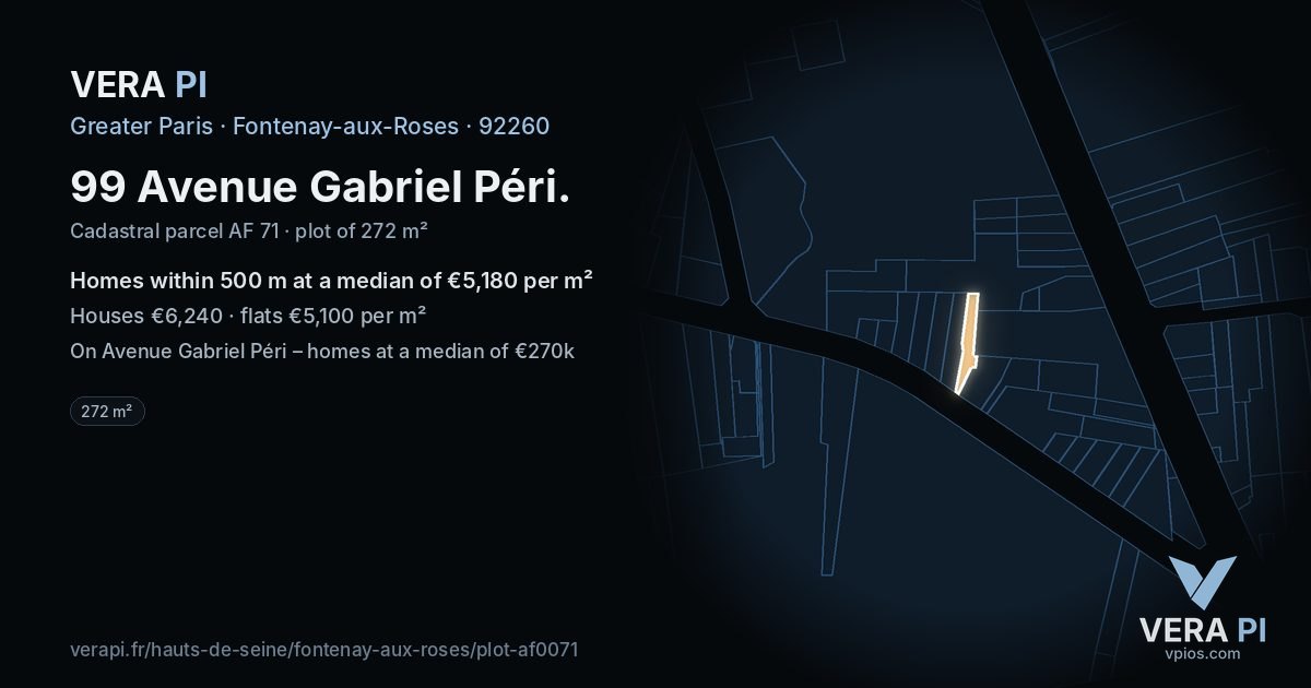 99 Avenue Gabriel Péri, Fontenay-aux-Roses at night – the plot lit, the parcels around coloured by the prices near them
