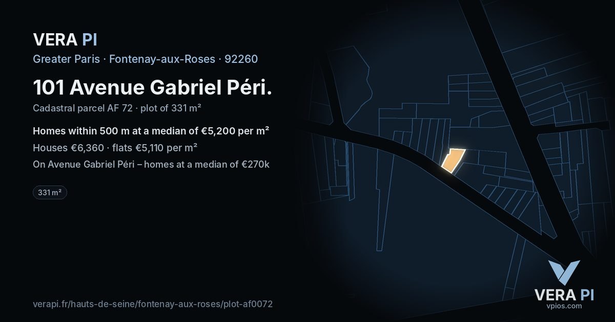 101 Avenue Gabriel Péri, Fontenay-aux-Roses at night – the plot lit, the parcels around coloured by the prices near them