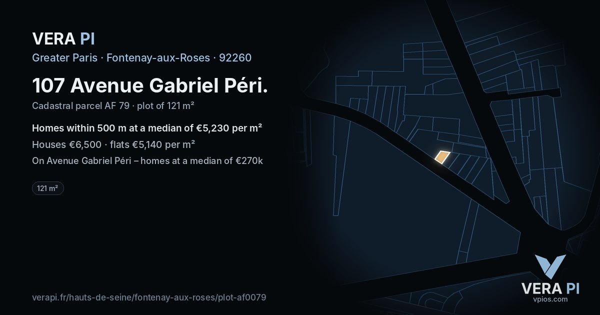 107 Avenue Gabriel Péri, Fontenay-aux-Roses at night – the plot lit, the parcels around coloured by the prices near them