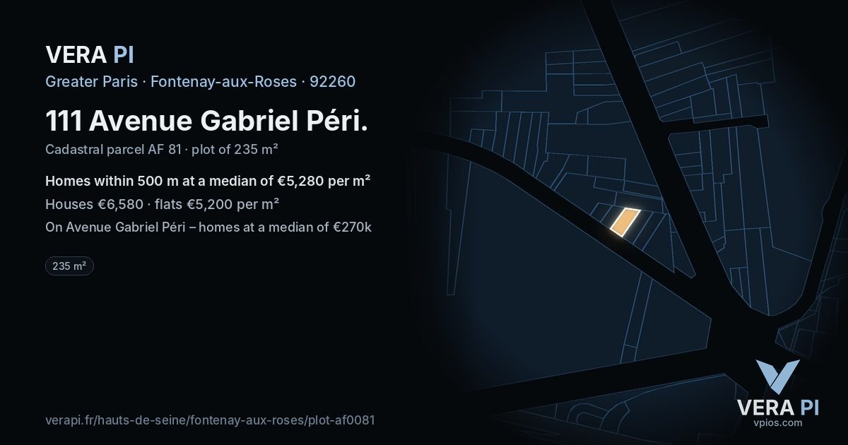 111 Avenue Gabriel Péri, Fontenay-aux-Roses at night – the plot lit, the parcels around coloured by the prices near them