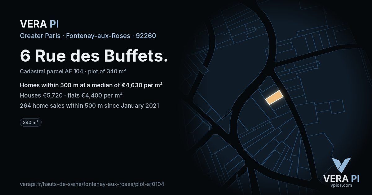 6 Rue des Buffets, Fontenay-aux-Roses at night – the plot lit, the parcels around coloured by the prices near them