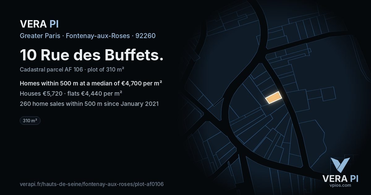 10 Rue des Buffets, Fontenay-aux-Roses at night – the plot lit, the parcels around coloured by the prices near them
