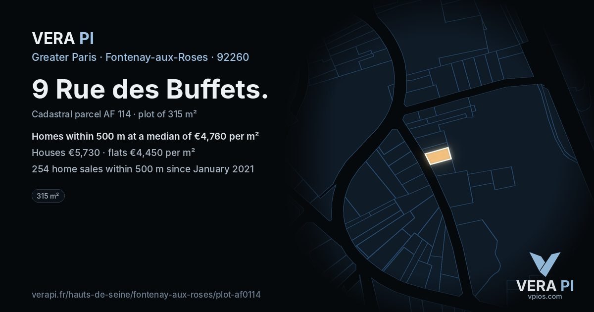 9 Rue des Buffets, Fontenay-aux-Roses at night – the plot lit, the parcels around coloured by the prices near them
