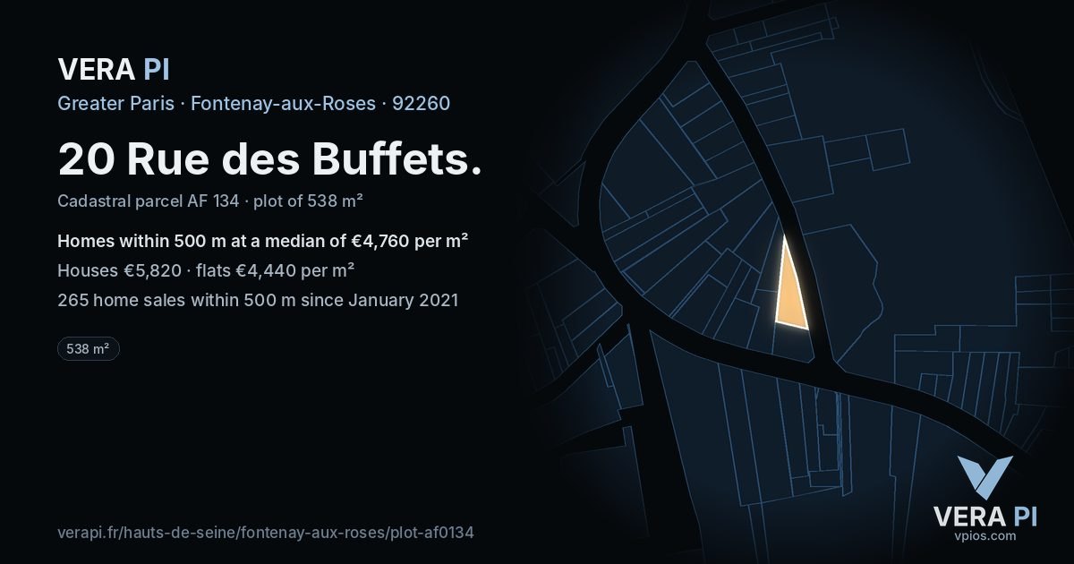 20 Rue des Buffets, Fontenay-aux-Roses at night – the plot lit, the parcels around coloured by the prices near them
