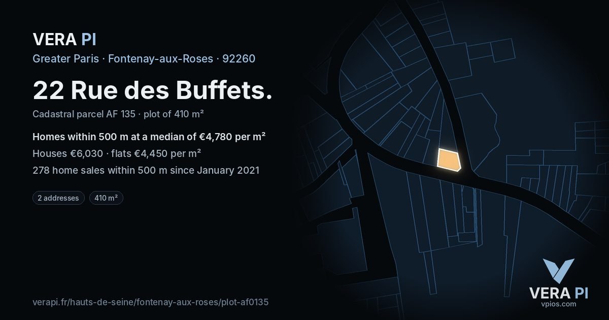 22 Rue des Buffets, Fontenay-aux-Roses at night – the plot lit, the parcels around coloured by the prices near them