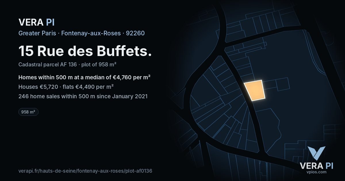 15 Rue des Buffets, Fontenay-aux-Roses at night – the plot lit, the parcels around coloured by the prices near them