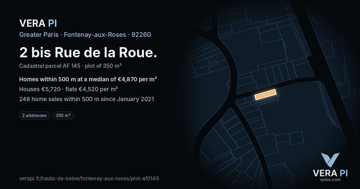2 bis Rue de la Roue, Fontenay-aux-Roses at night – the plot lit, the parcels around coloured by the prices near them