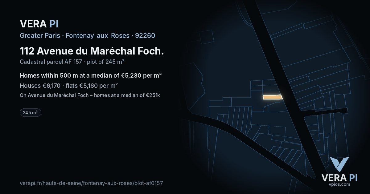 112 Avenue du Maréchal Foch, Fontenay-aux-Roses at night – the plot lit, the parcels around coloured by the prices near them