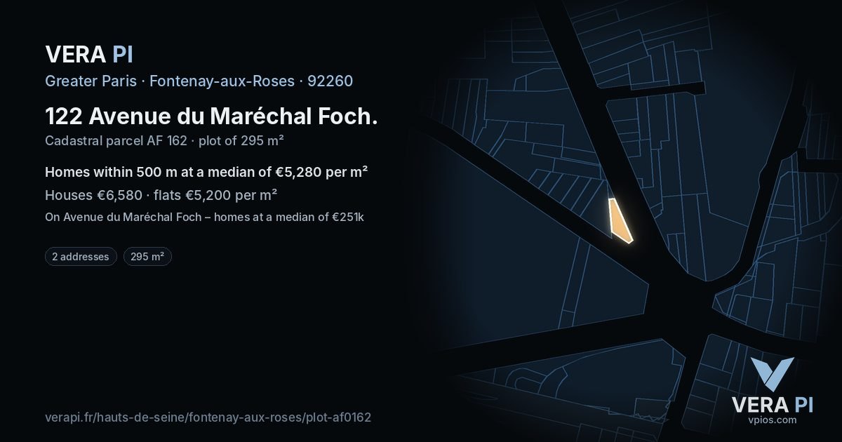 122 Avenue du Maréchal Foch, Fontenay-aux-Roses at night – the plot lit, the parcels around coloured by the prices near them