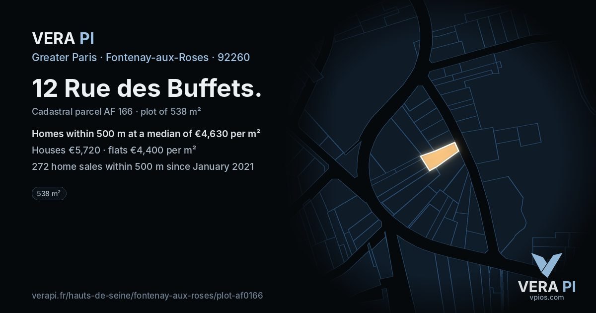 12 Rue des Buffets, Fontenay-aux-Roses at night – the plot lit, the parcels around coloured by the prices near them