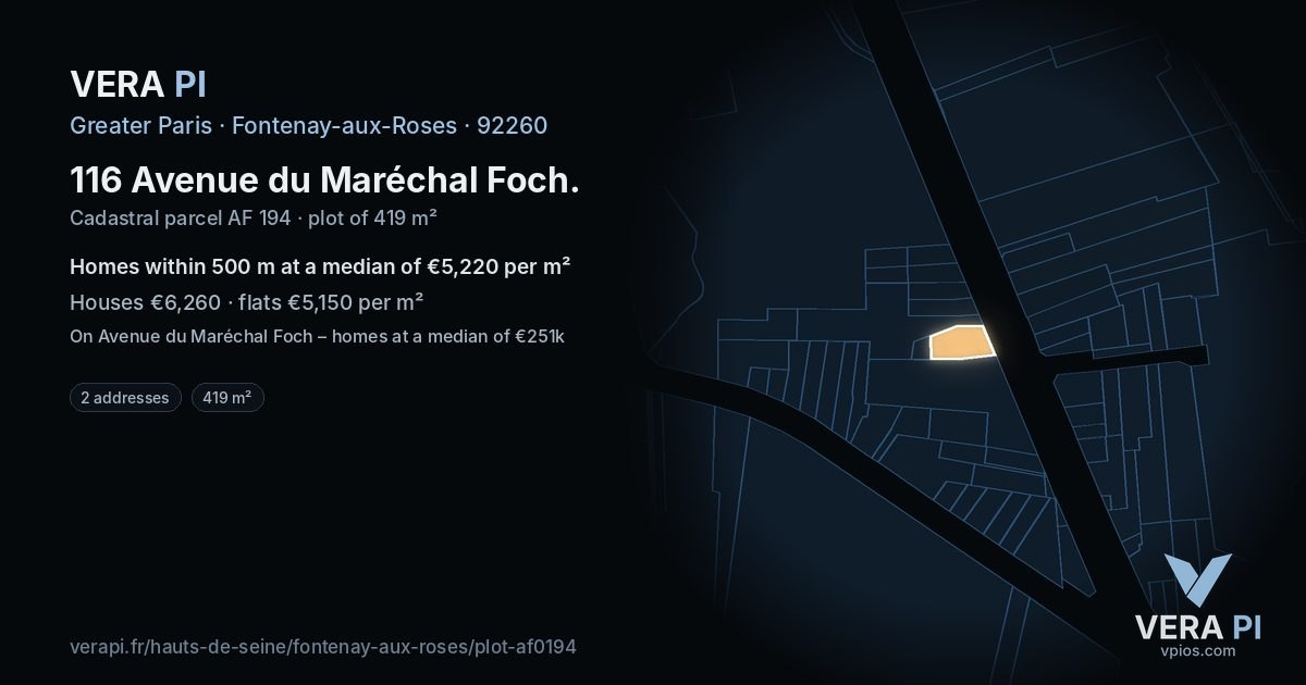 116 Avenue du Maréchal Foch, Fontenay-aux-Roses at night – the plot lit, the parcels around coloured by the prices near them