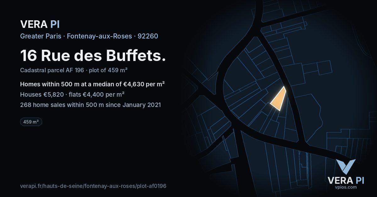 16 Rue des Buffets, Fontenay-aux-Roses at night – the plot lit, the parcels around coloured by the prices near them