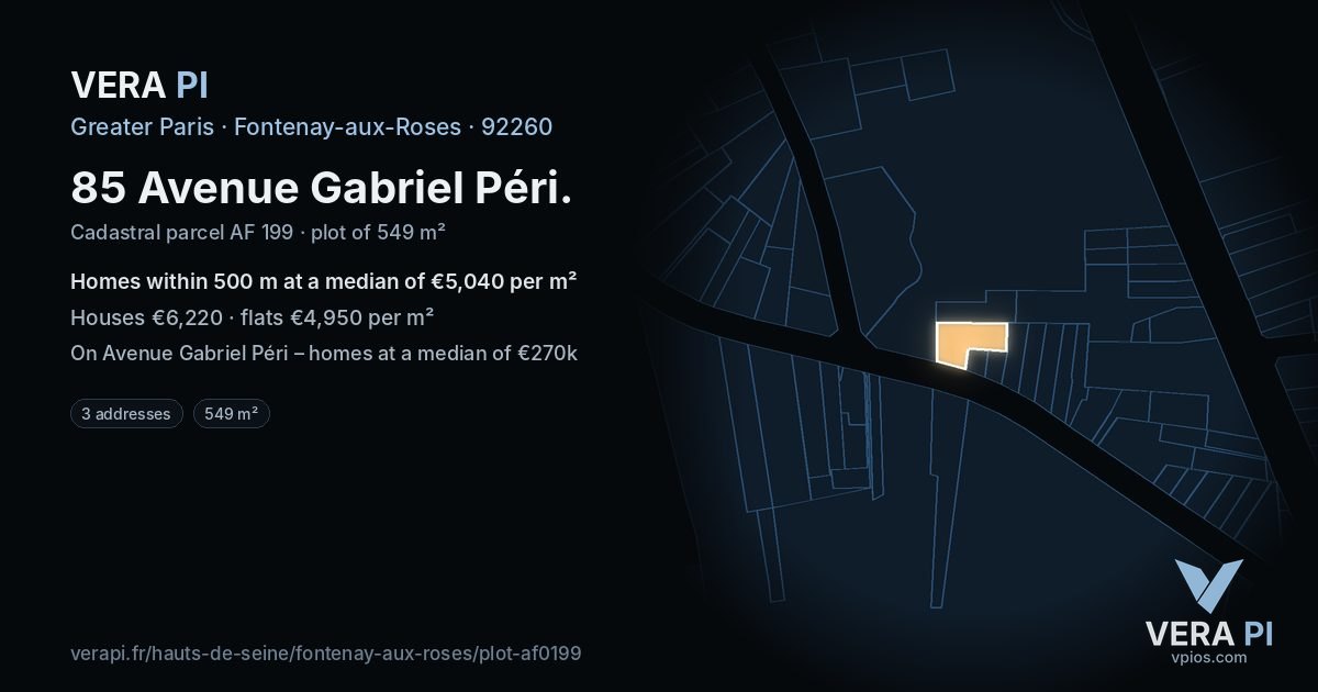 85 Avenue Gabriel Péri, Fontenay-aux-Roses at night – the plot lit, the parcels around coloured by the prices near them