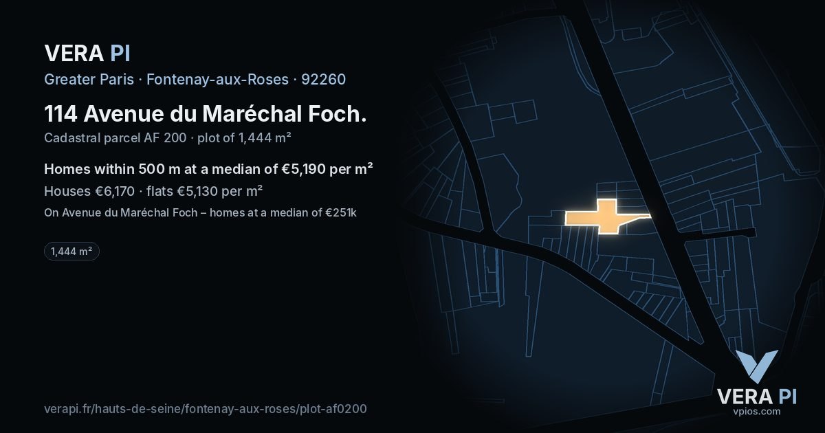 114 Avenue du Maréchal Foch, Fontenay-aux-Roses at night – the plot lit, the parcels around coloured by the prices near them