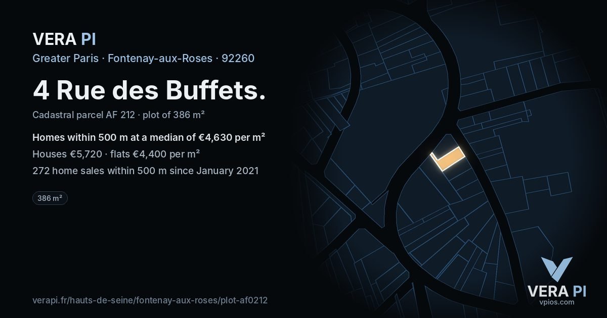 4 Rue des Buffets, Fontenay-aux-Roses at night – the plot lit, the parcels around coloured by the prices near them